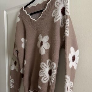 Floral V-Neck Women's Sweater  - Taupe with White Flowers